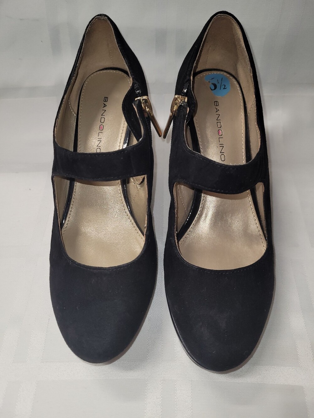 Bandolino Black Suede Mary Jane Heels with Gold Buckle